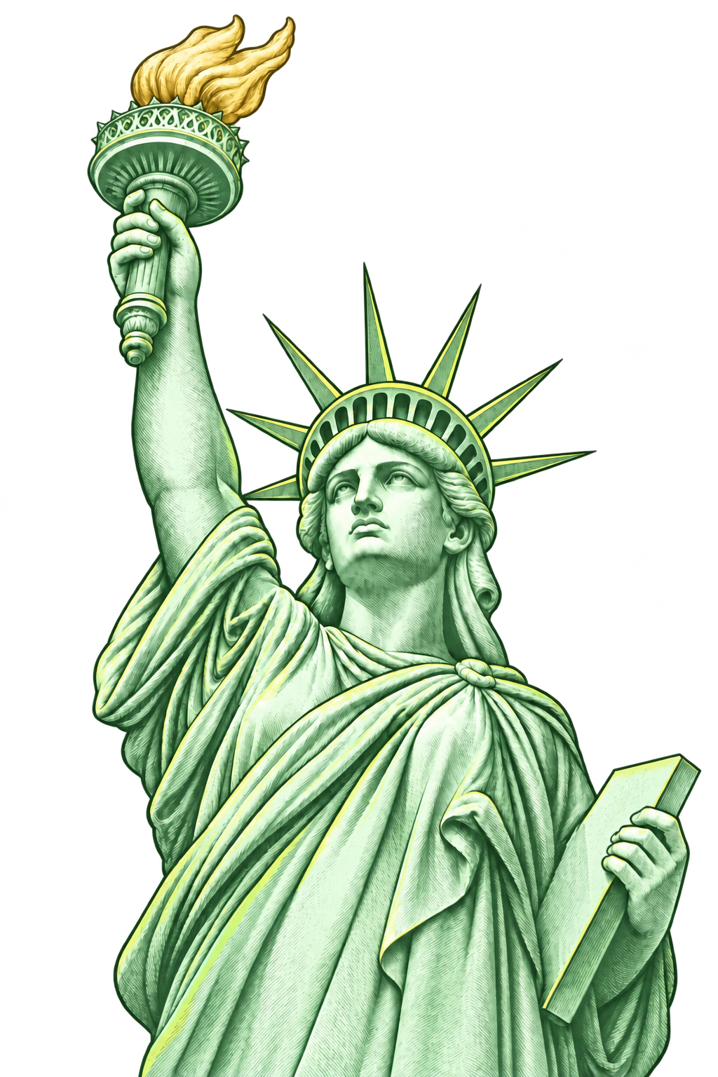 Detailed Statue of Liberty engraving in InfluxWave green and gold
